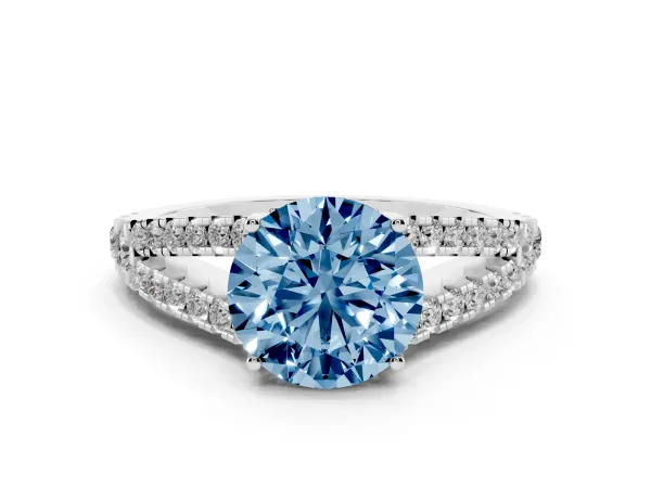 Fancy Blue Round Cut Diamond Split Shank Engagement Ring with Round Pavé and Prong Setting White gold