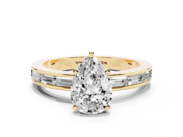 Pear Cut Solitaire Diamond Ring with Channel-Set Baguette Band and Four-Prong Setting Yellow gold