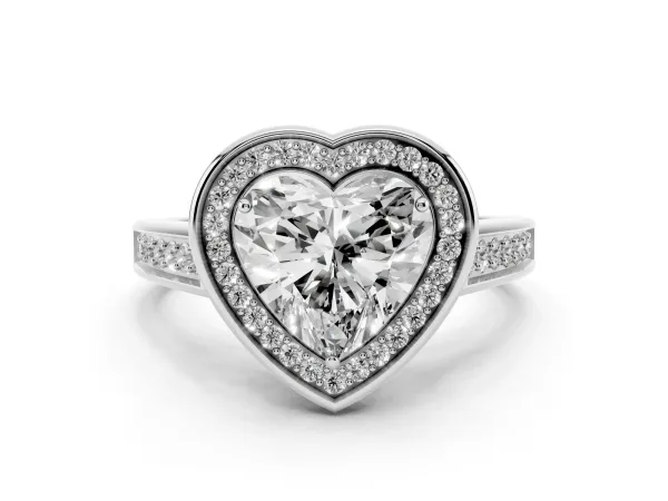 Heart Cut Halo Solitaire Diamond Ring with Pave Band and Bezel Setting White gold
