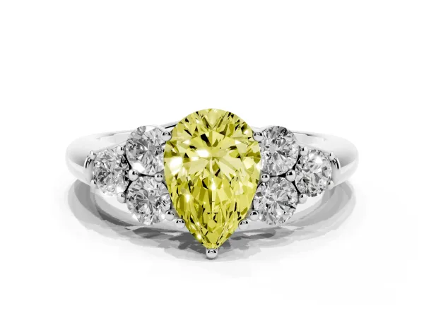 Fancy Yellow Pear Cut Cut Diamond Cluster Ring with Round Accent Stones and Prong Setting on a Classic Band Platinum