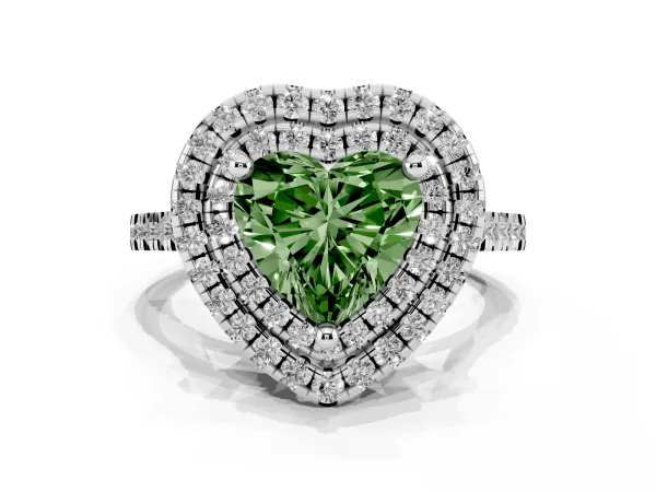 Fancy Green Double Halo Heart Cut Diamond Pavé Band with Four-Prong Setting White gold