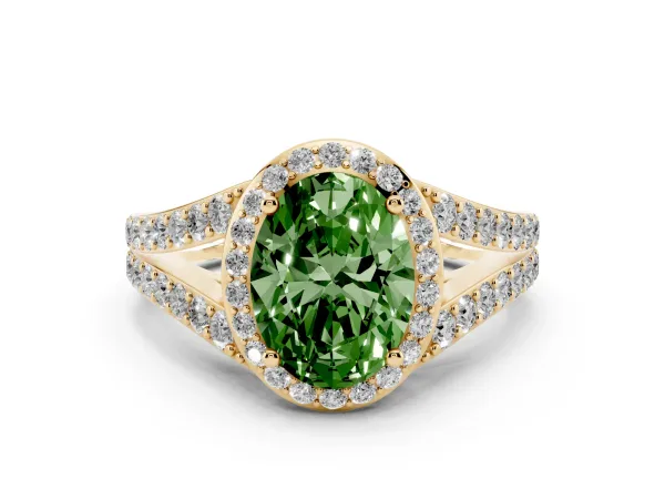 Fancy Green Oval Cut Diamond Split Shank Halo Ring with Four-Prong Setting Yellow gold