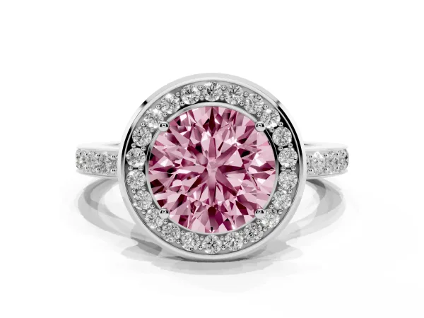 Fancy Pink Round Cut Diamond Halo Ring with Bezel Frame and Pavé Band Platinum