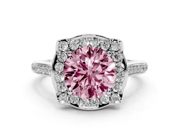 Fancy Pink Round Cut Halo Round Diamond Pave Band with Four-Prong Setting White gold