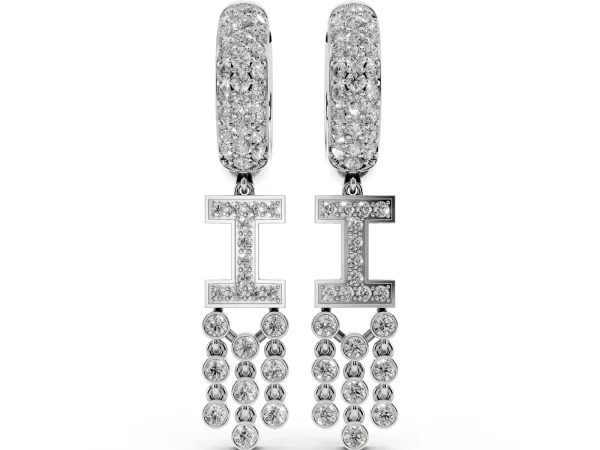 Round Diamond Initial I Huggie Hoop Earrings Silver
