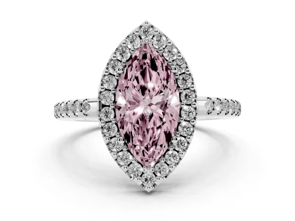 Fancy Pink Marquise Cut Diamond Pavé Halo Ring with Four-Prong Setting Platinum