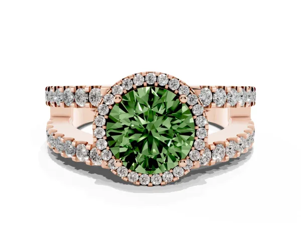 Fancy Green Round Cut Cut Halo Split Shank Diamond Ring with Four-Prong Setting Rose gold