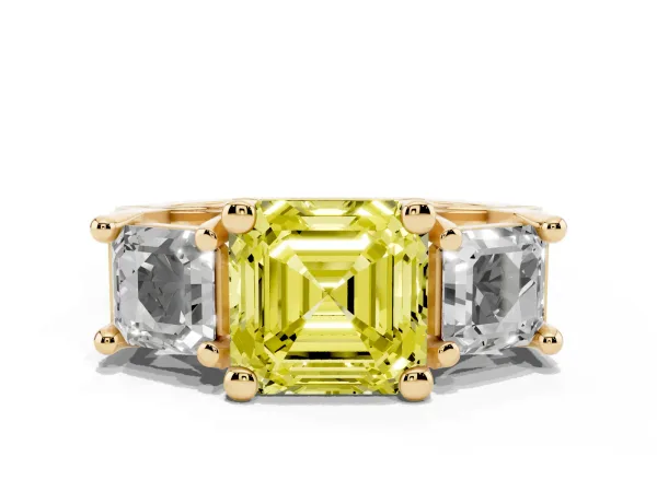 Fancy Yellow Asscher Cut Diamond Three-Stone Ring with Channel Set Band and Four-Prong Setting Yellow gold