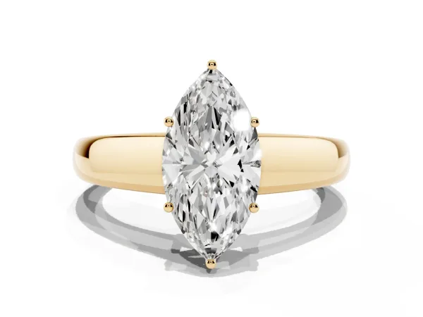 Marquise Cut Solitaire Diamond Ring with Tapered Band and Four-Prong Setting Yellow gold