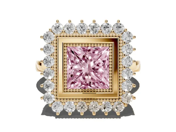 Fancy Pink Princess Cut Halo Diamond Ring with Milgrain Edge and Round Prong Setting Yellow gold