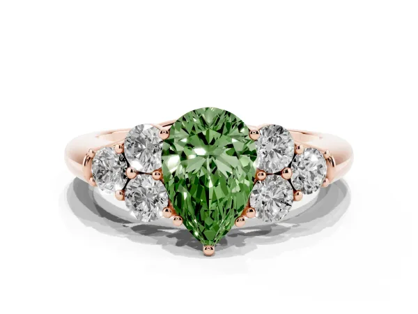 Fancy Green Pear Cut Cut Diamond Cluster Ring with Round Accent Stones and Prong Setting on a Classic Band Rose gold