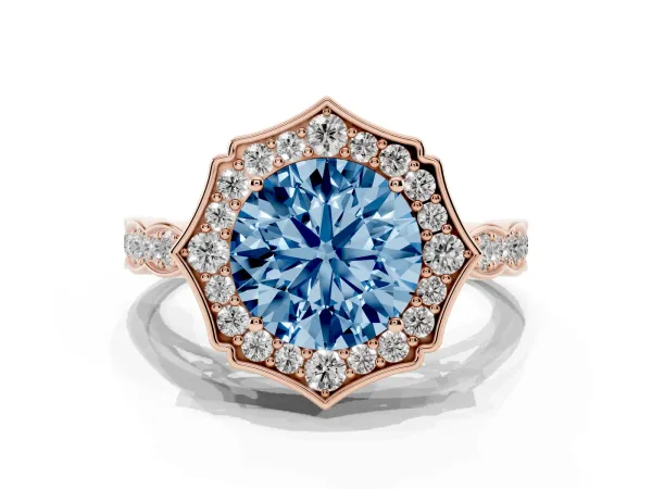 Fancy Blue Round Cut Halo Diamond Engagement Ring with Milgrain Band and Four-Prong Setting Rose gold