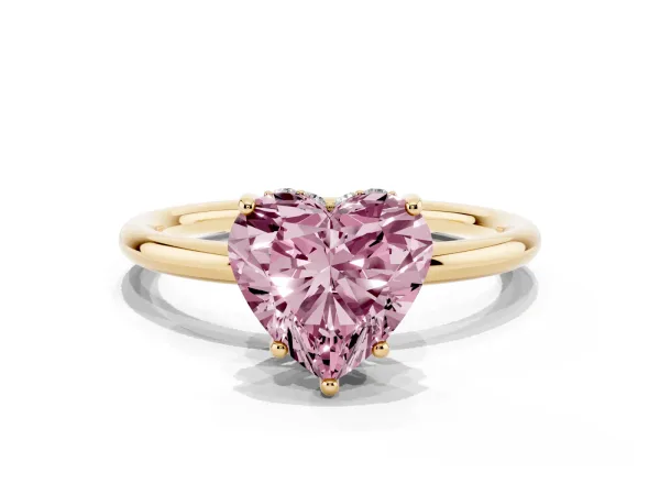 Fancy Pink Heart Cut Solitaire Diamond Ring with a Classic Band and Four-Prong Setting Yellow gold