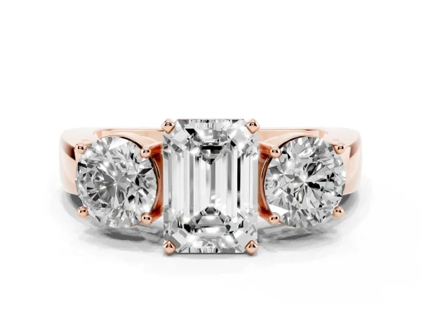 Three-Stone Emerald Cut Diamond Ring with Round Side Stones, Classic Band, and Four-Prong Setting Rose gold