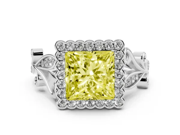 Fancy Yellow Princess Cut Diamond Halo Ring with Vintage Split Shank and Four-Prong Setting Platinum