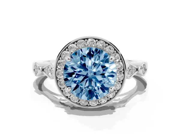 Fancy Blue Round Cut Halo Diamond Engagement Ring with Twisted Band and Four-Prong Setting Platinum