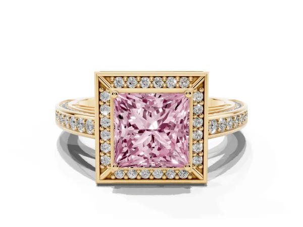 Fancy Pink Princess Cut Cut Halo Pave Split Shank Prong Setting Ring Yellow gold