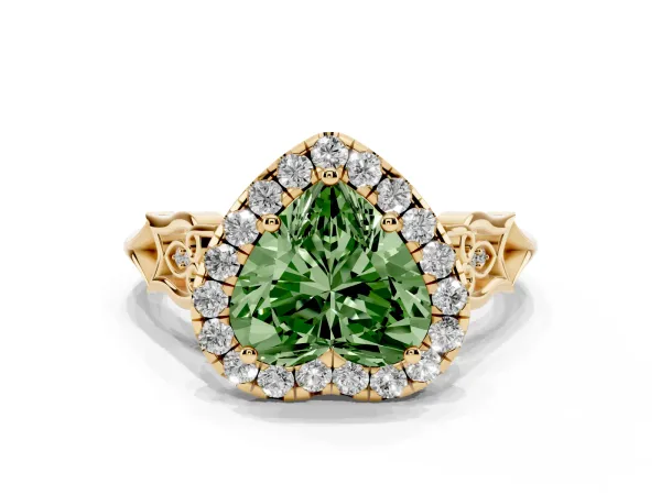 Fancy Green Heart Cut Halo Diamond Engagement Ring with Filigree Band and Four-Prong Setting Yellow gold