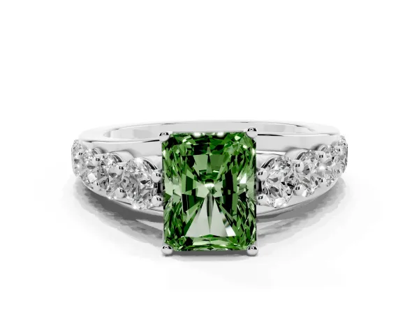 Fancy Green Radiant Cut Diamond Engagement Ring with Pavé Band and Four-Prong Setting Platinum