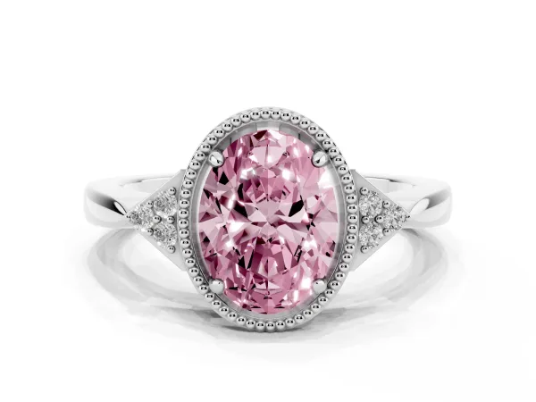 Fancy Pink Oval Cut Diamond Halo Ring with Tapered Band and Four-Prong Setting Platinum