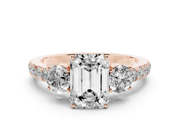 Emerald Cut Cut Diamond Three-Stone Ring with Round Side Stones and Pavé Band Rose gold