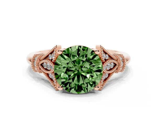 Fancy Green Round Cut Diamond Solitaire Ring with Floral Filigree and Pave Accents Rose gold