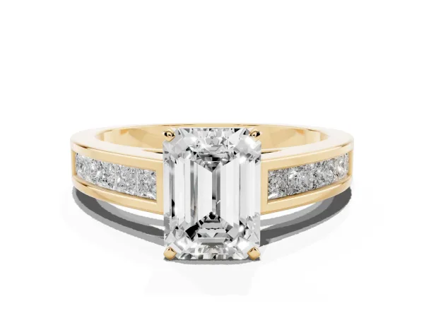 Emerald Cut Solitaire Diamond Ring with Channel-Set Band and Four-Prong Setting Yellow gold