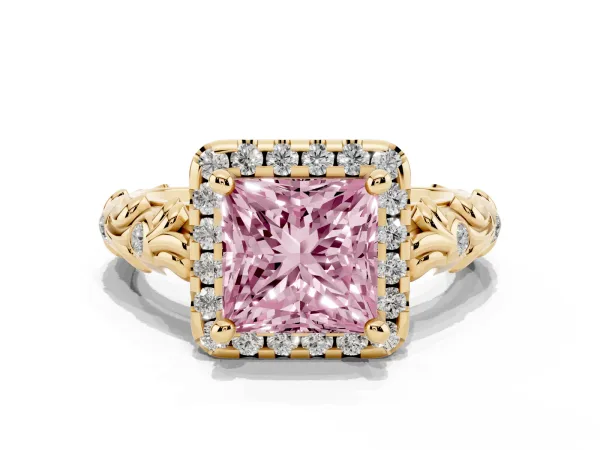 Fancy Pink Princess Cut Diamond Halo Ring with Filigree Band and Prong Setting Yellow gold