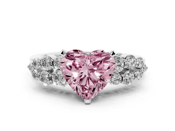 Fancy Pink Heart Cut Cluster Diamond Engagement Ring with Pavé Band and Four-Prong Setting Platinum