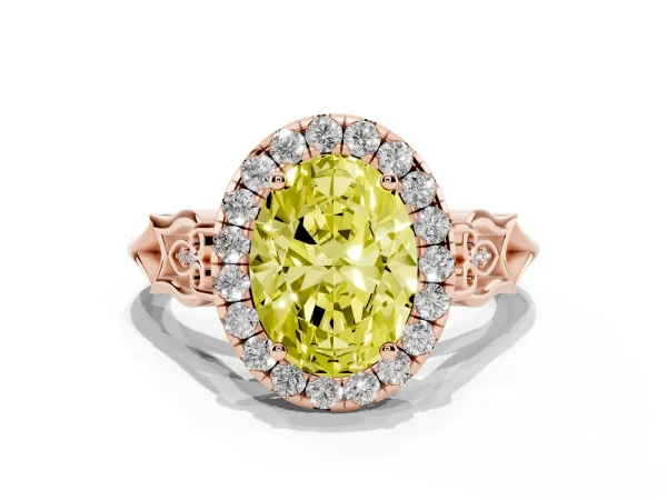 Fancy Yellow Oval Cut Halo Diamond Engagement Ring with Filigree Band and Four-Prong Setting Rose gold