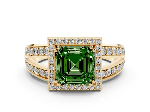 Fancy Green Asscher Cut Diamond Halo Ring with Split Shank Pavé Band and Four-Prong Setting Yellow gold