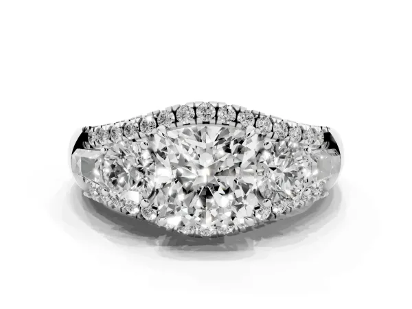 Three-Stone Cushion Cut Diamond Engagement Ring with Pave Band and Prong Setting White gold