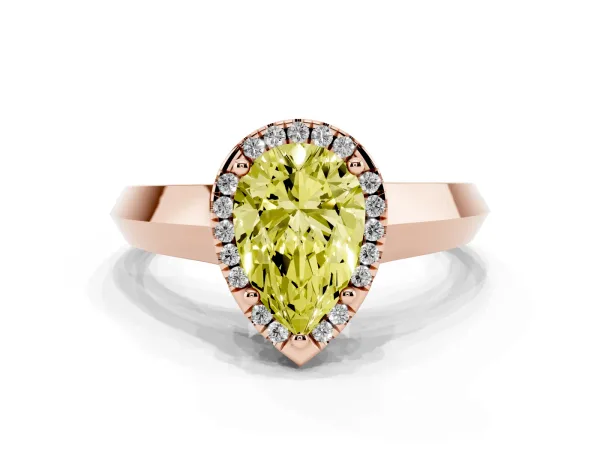 Fancy Yellow Pear Cut Halo Diamond Ring with Cathedral Band and Four-Prong Setting Rose gold