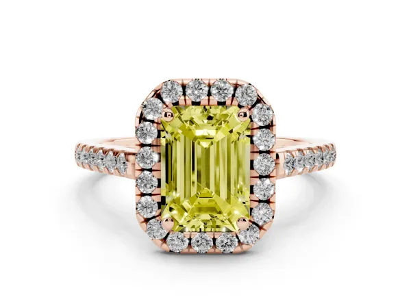 Fancy Yellow Emerald Cut Halo Pavé Diamond Engagement Ring with Four-Prong Setting Rose gold