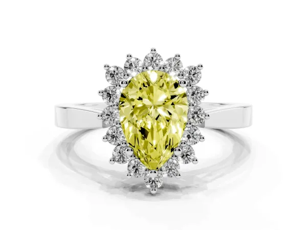 Fancy Yellow Pear Cut Cut Diamond Halo Ring with Round Brilliant Halo and Solitaire Band White gold