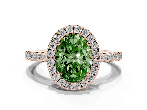 Fancy Green Oval Cut Halo Diamond Engagement Ring with Pavé Band and Four-Prong Setting Rose gold
