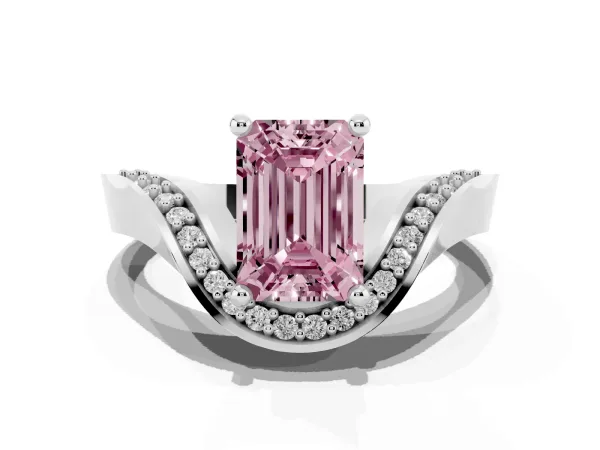 Fancy Pink Emerald Cut Solitaire Diamond Engagement Ring with Pave Band and Four-Prong Setting White gold
