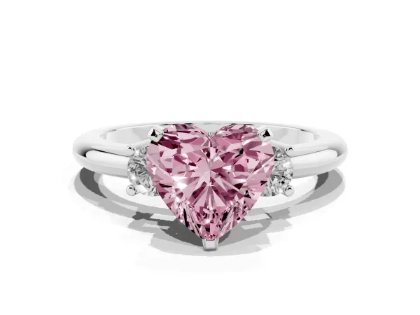 Fancy Pink Three-Stone Heart Cut Cut Diamond Solitaire with Prong Setting and Classic Band White gold
