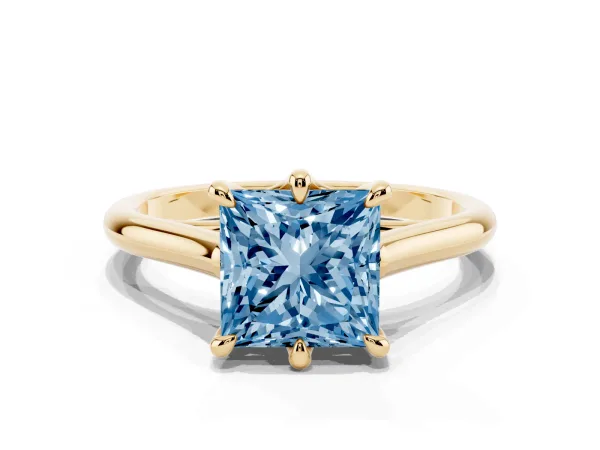Fancy Blue Princess Cut Solitaire Engagement Ring with Six-Prong Setting and Classic Band Yellow gold