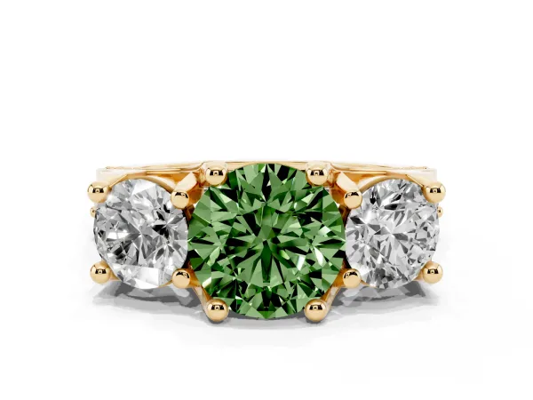 Fancy Green Round Cut Diamond Three-Stone Ring with Channel Set Band and Four-Prong Setting Yellow gold