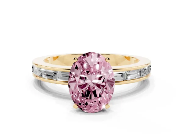 Fancy Pink Oval Cut Solitaire Diamond Ring with Channel-Set Baguette Band and Four-Prong Setting Yellow gold