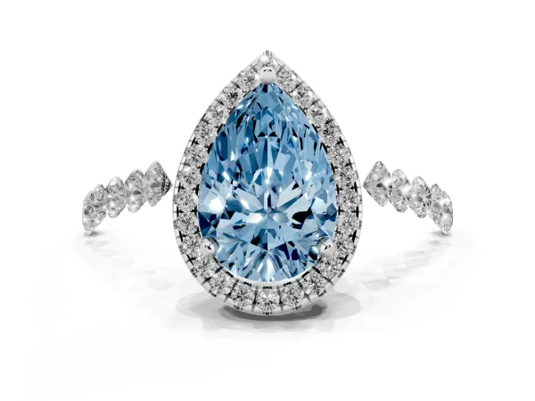 Fancy Blue Pear Cut Halo Pavé Diamond Engagement Ring with Four-Prong Setting Platinum
