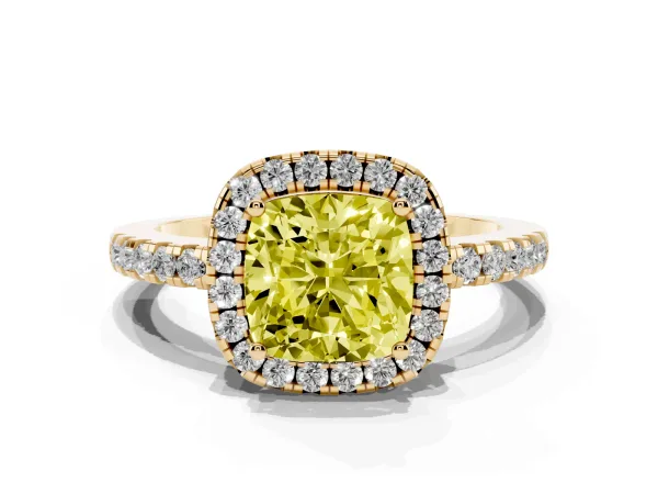 Fancy Yellow Cushion Cut Halo Diamond Engagement Ring with Pavé Band and Four-Prong Setting Yellow gold