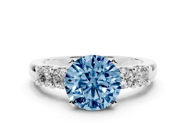 Fancy Blue Round Cut Brilliant Cut Diamond Five-Stone Prong Set Engagement Ring with Channel Band Platinum