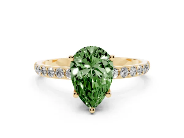 Fancy Green Pear Cut Diamond Solitaire Ring with Round Pavé Shoulders and Prong Setting Yellow gold