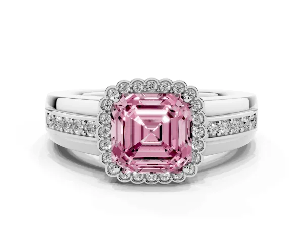 Fancy Pink Asscher Cut Cut Halo Pave Band Four-Prong Ring White gold