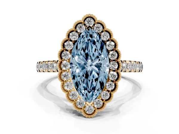 Fancy Blue Marquise Cut Cut Diamond Milgrain Floral Halo Engagement Ring with Pavé Band Yellow gold