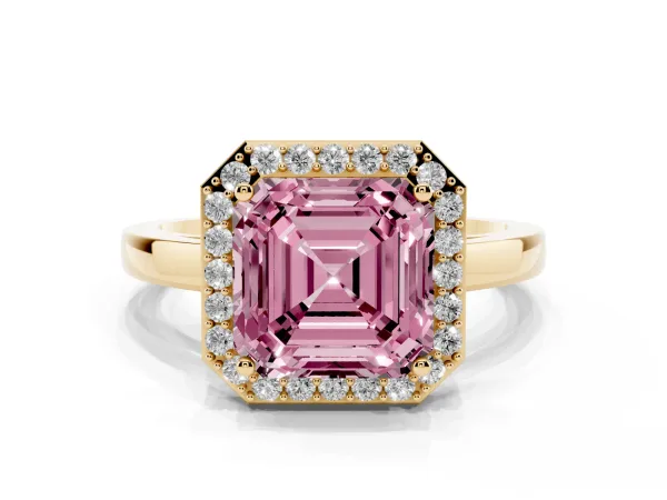 Fancy Pink Asscher Cut Halo Diamond Ring with Solitaire Band and Prong Setting Yellow gold