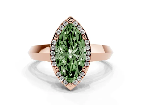 Fancy Green Marquise Cut Halo Diamond Ring with Cathedral Band and Four-Prong Setting Rose gold