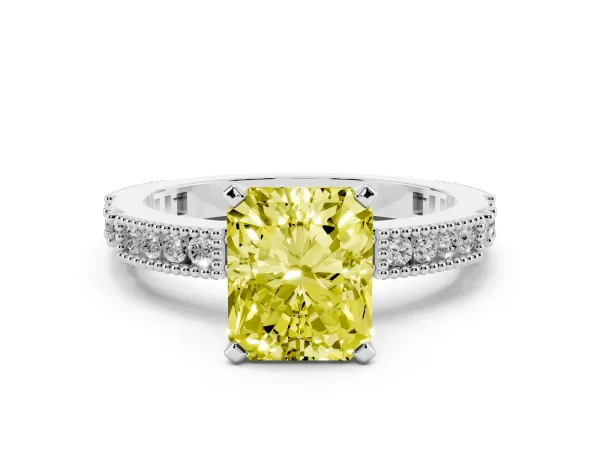Fancy Yellow Radiant Cut Solitaire with Pavé Band and Four-Prong Setting White gold